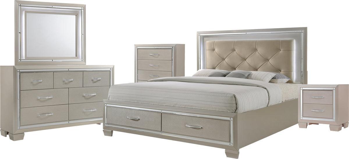 Elements Bedroom Sets - Glamour Queen Platform Storage 5PC Bedroom Set Champagne