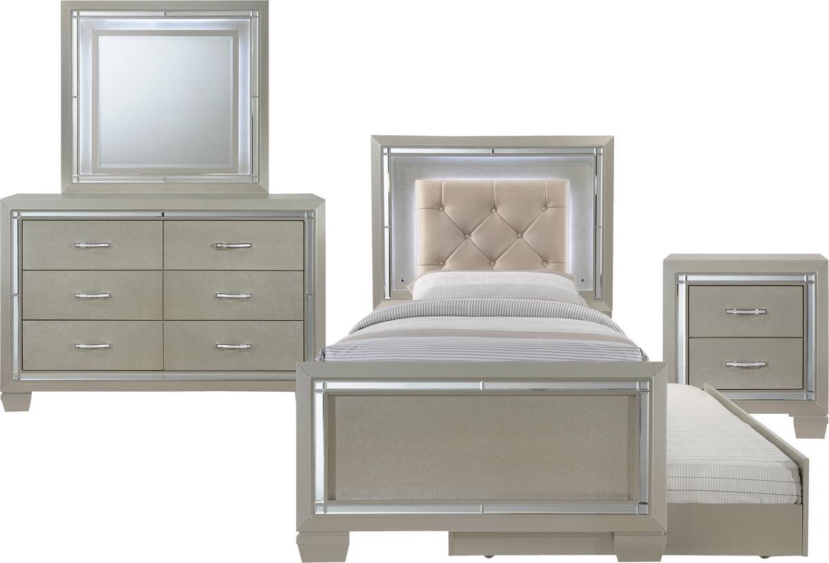 Elements Bedroom Sets - Glamour Youth Twin Platform w/ Trundle 4PC Bedroom Set Champagne