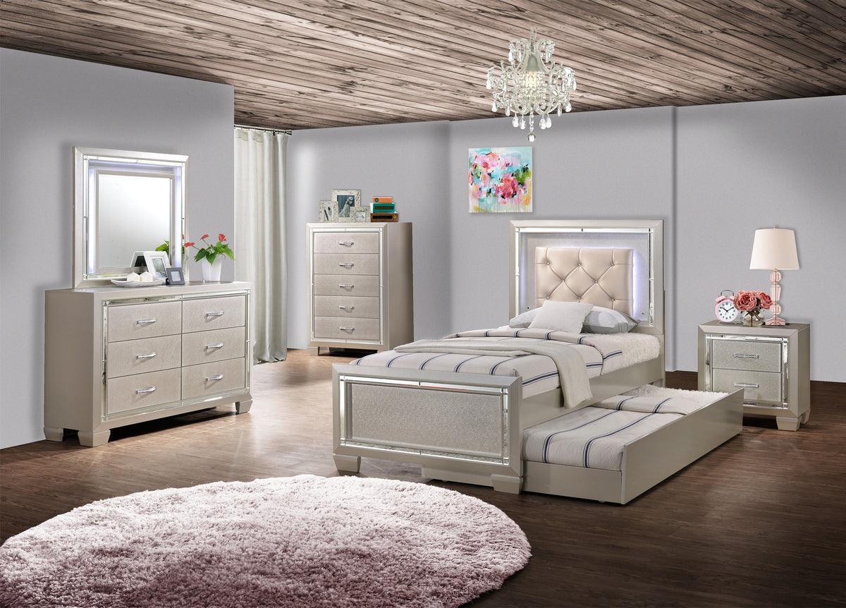 Elements Bedroom Sets - Glamour Youth Twin Platform w/ Trundle 4PC Bedroom Set Champagne