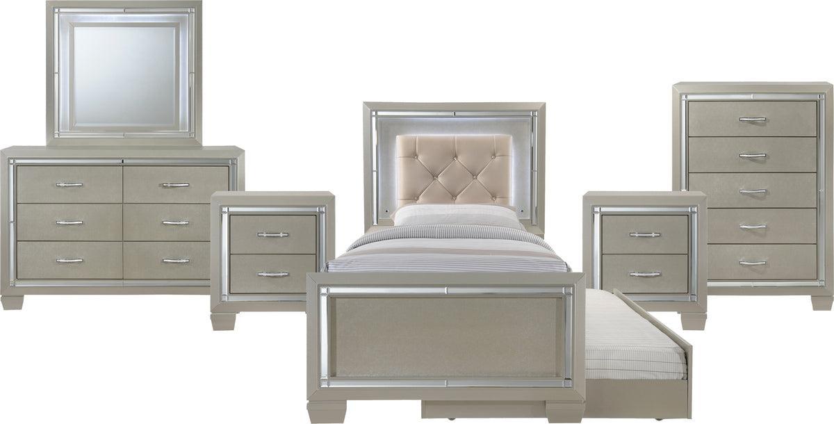 Elements Bedroom Sets - Glamour Youth Twin Platform w/ Trundle 6PC Bedroom Set Champagne