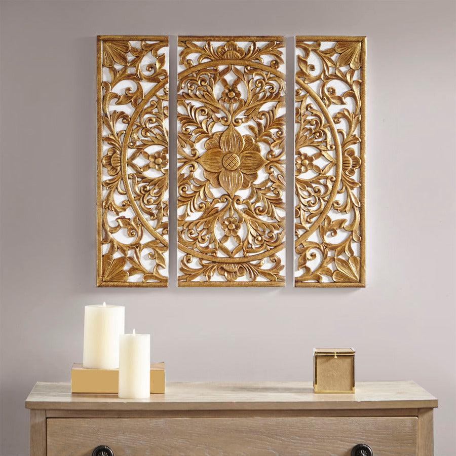 Olliix.com Wall Art - Gold Medallion 3 Piece Canvas Set Medallion 3D Design Gold