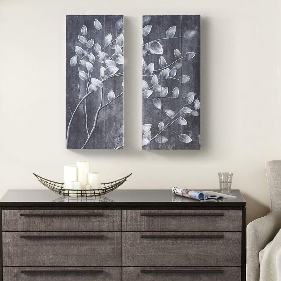 Olliix.com Wall Art - Grey Branches Print on Wood with 50% Handpaint 2 Piece Set Reclaimed Grey