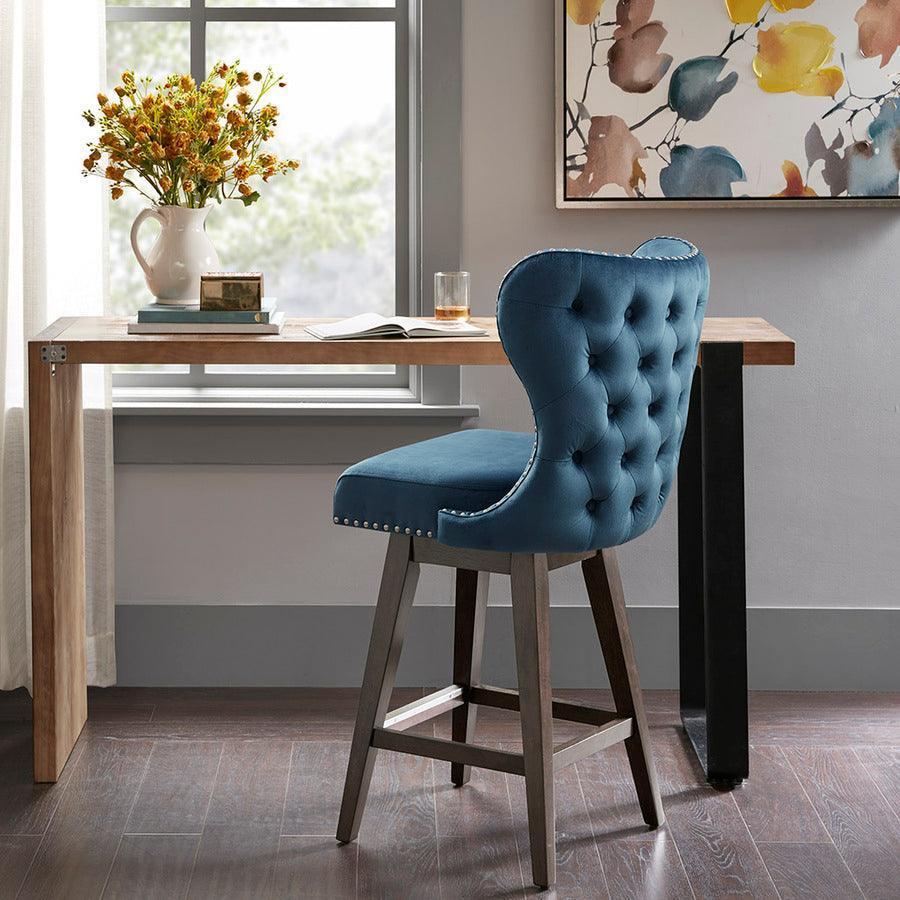 Olliix.com Barstools - Hancock High Wingback 27" Swivel Counter Stool with Nailhead Accent Dark Blue