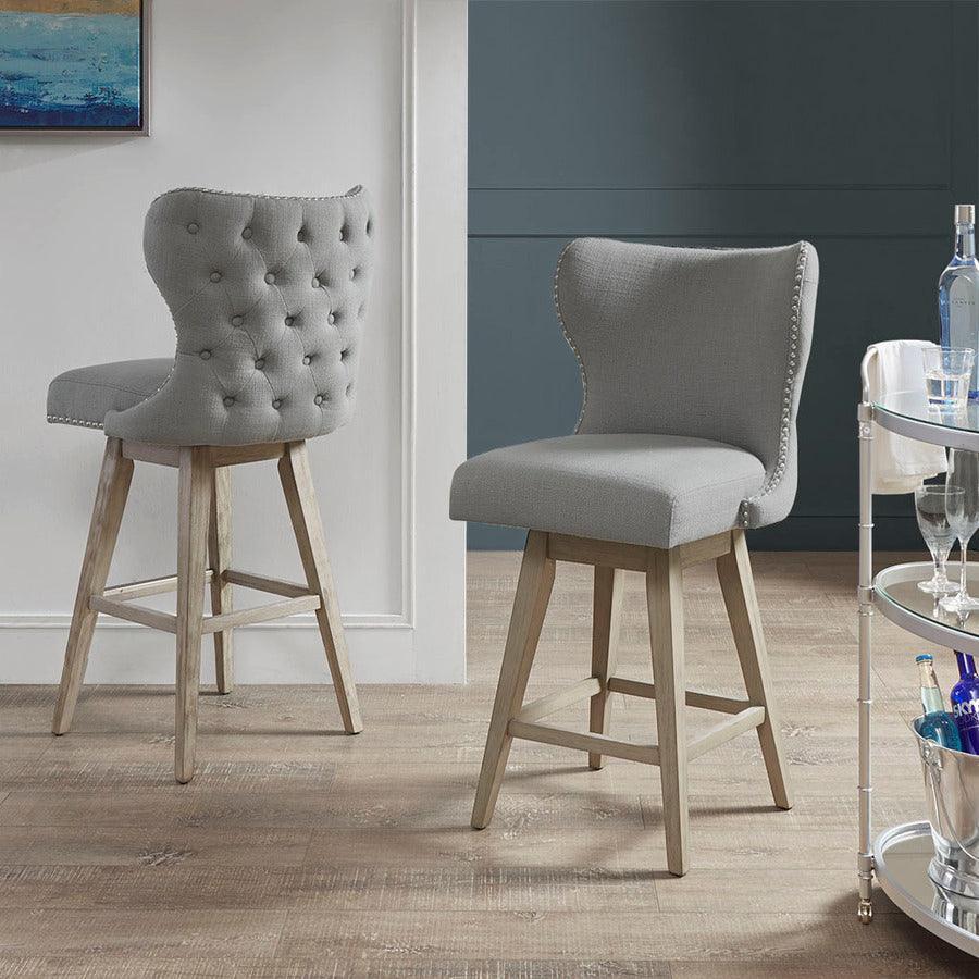 Olliix.com Barstools - Hancock High Wingback Button Tufted Upholstered 27" Swivel Counter Stool with Nailhead Accent Gray