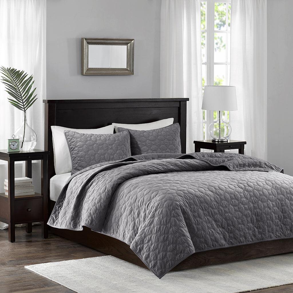 Olliix.com Comforters & Blankets - Harper King/Cal King Reversible 3-Piece Coverlet Set Gray