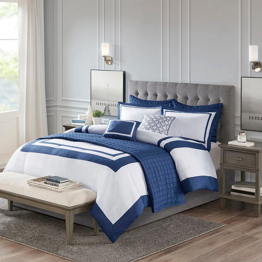 Olliix.com Comforters & Blankets - Heritage Full/Queen 8 Piece Hotel Comforter and Coverlet Set Collection Navy