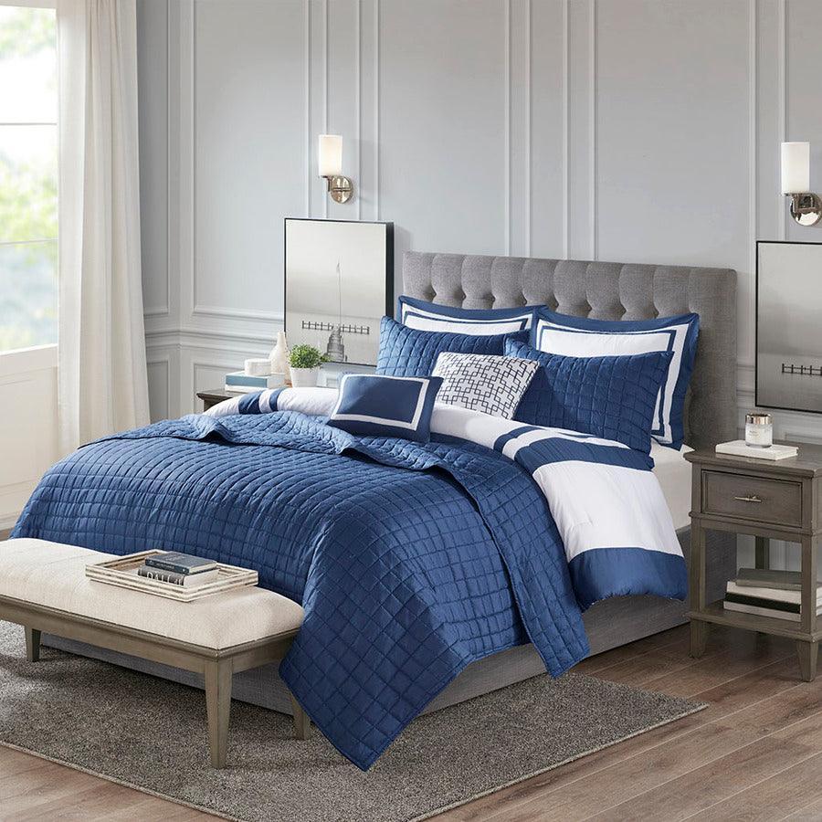 Olliix.com Comforters & Blankets - Heritage Full/Queen 8 Piece Hotel Comforter and Coverlet Set Collection Navy