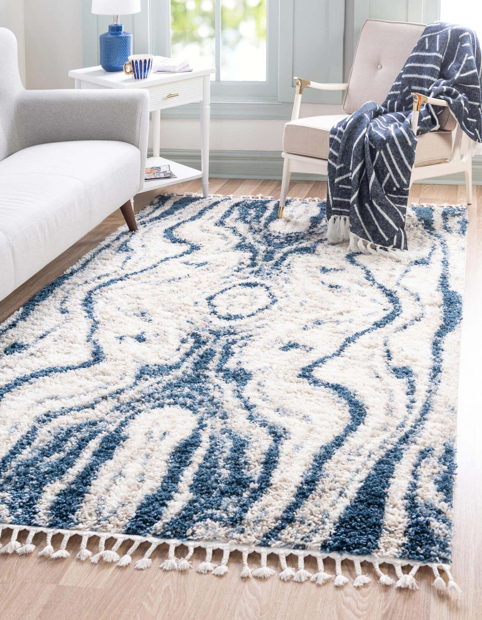 Unique Loom Indoor Rugs - Hygge Shag Abstract Rectangular 8x10 Rug Blue & Ivory