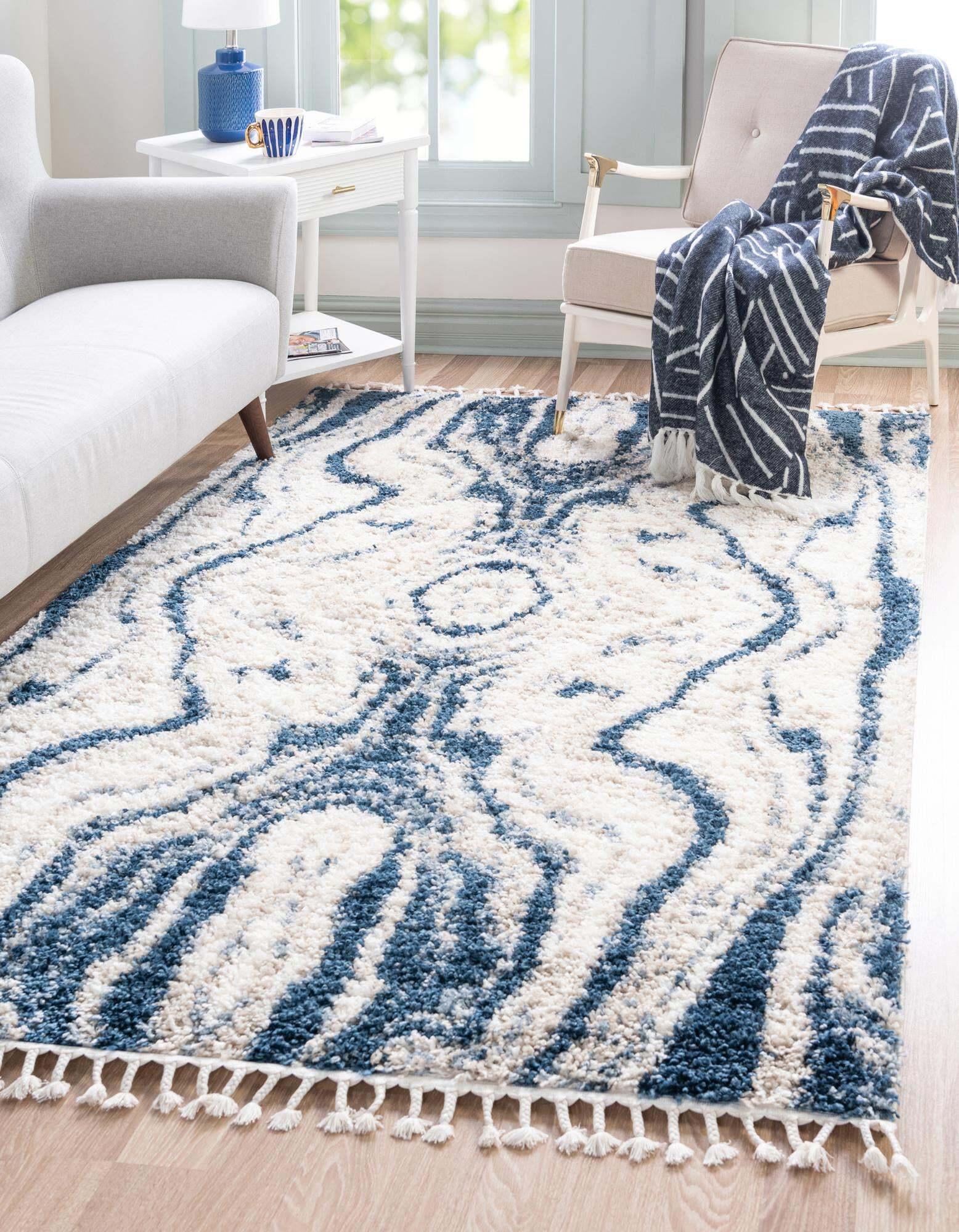 Unique Loom Indoor Rugs - Hygge Shag Abstract Rectangular 9x12 Rug Blue & Ivory