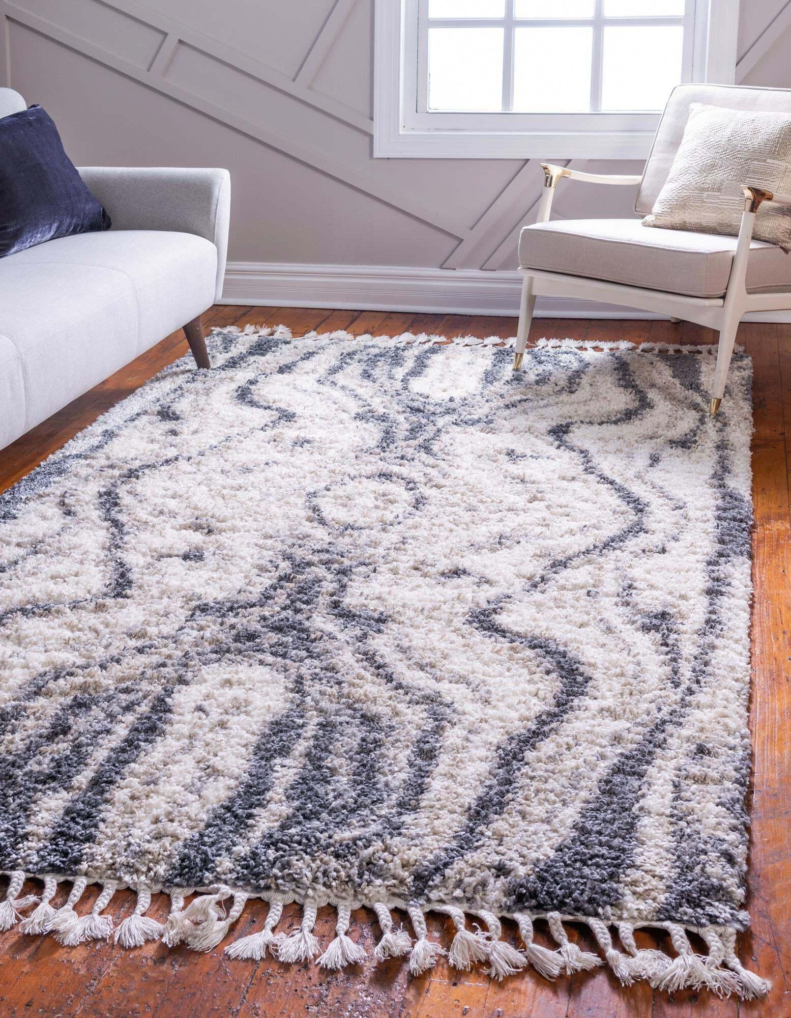 Unique Loom Indoor Rugs - Hygge Shag Abstract Rectangular 9x12 Rug Gray & Ivory
