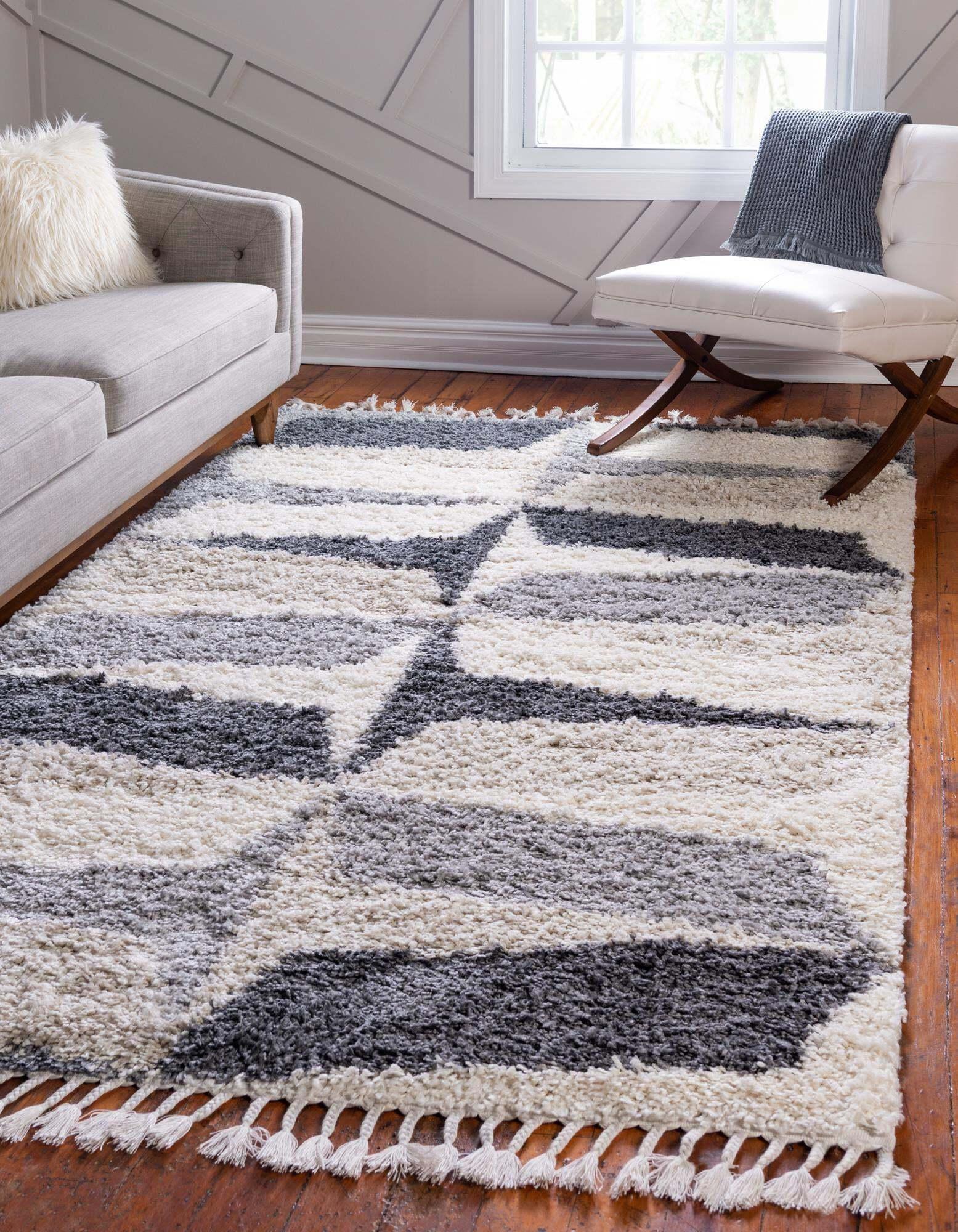Unique Loom Indoor Rugs - Hygge Shag Geometric Rectangular 8x10 Rug Gray & Ivory