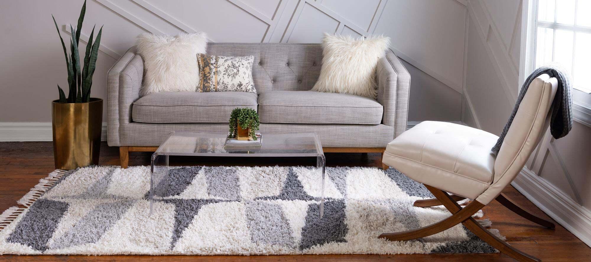 Unique Loom Indoor Rugs - Hygge Shag Geometric Rectangular 8x10 Rug Gray & Ivory