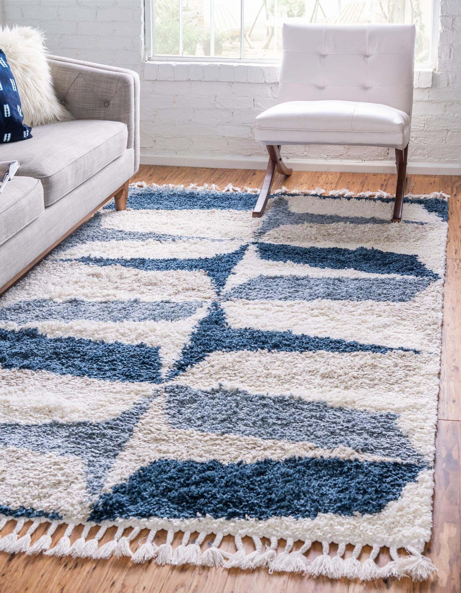 Unique Loom Indoor Rugs - Hygge Shag Geometric Rectangular 9x12 Rug Blue & Ivory