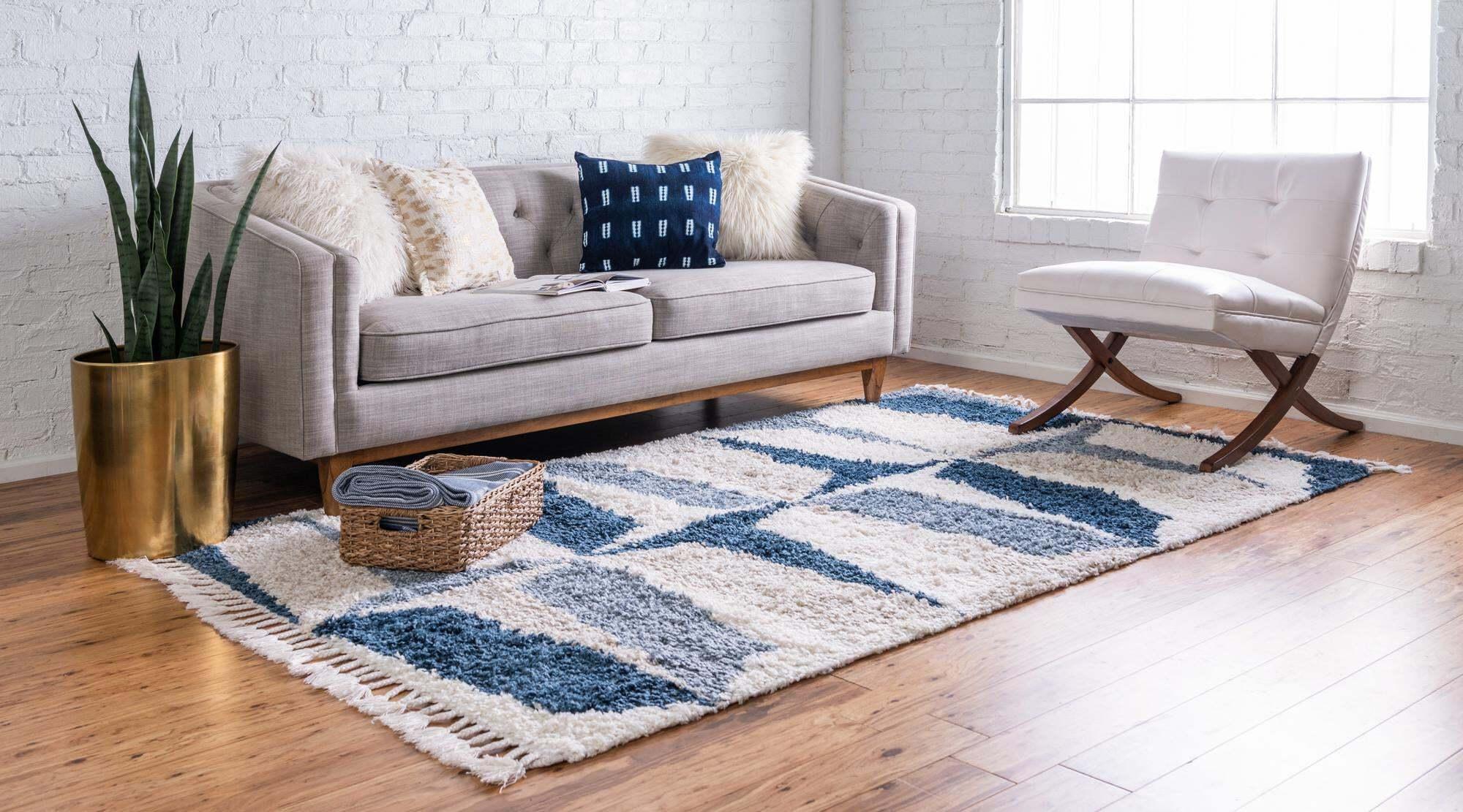 Unique Loom Indoor Rugs - Hygge Shag Geometric Rectangular 9x12 Rug Blue & Ivory