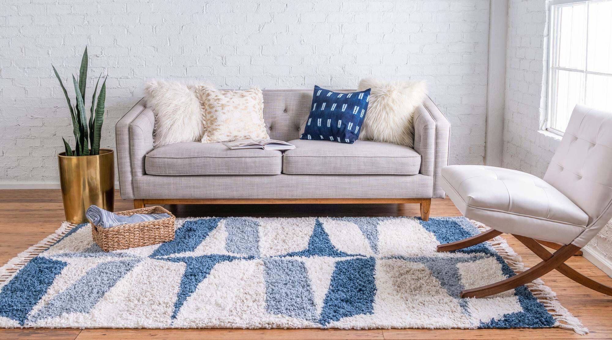 Unique Loom Indoor Rugs - Hygge Shag Geometric Rectangular 9x12 Rug Blue & Ivory
