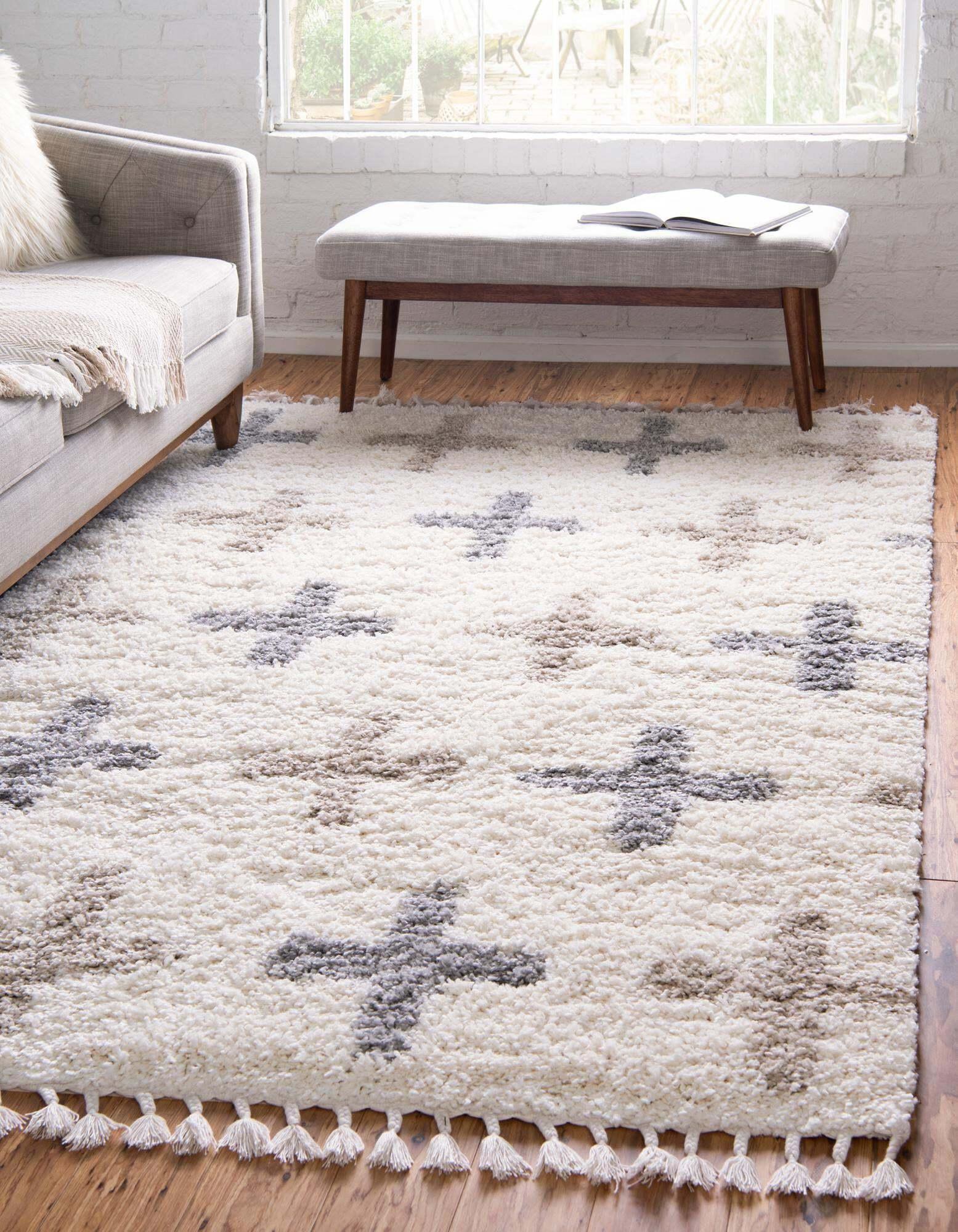 Unique Loom Indoor Rugs - Hygge Shag Geometric Rectangular 9x12 Rug Ivory & Tan