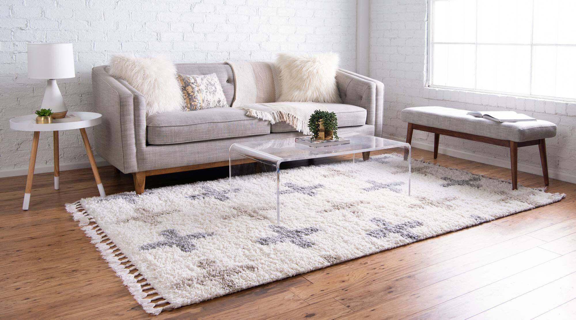 Unique Loom Indoor Rugs - Hygge Shag Geometric Rectangular 9x12 Rug Ivory & Tan