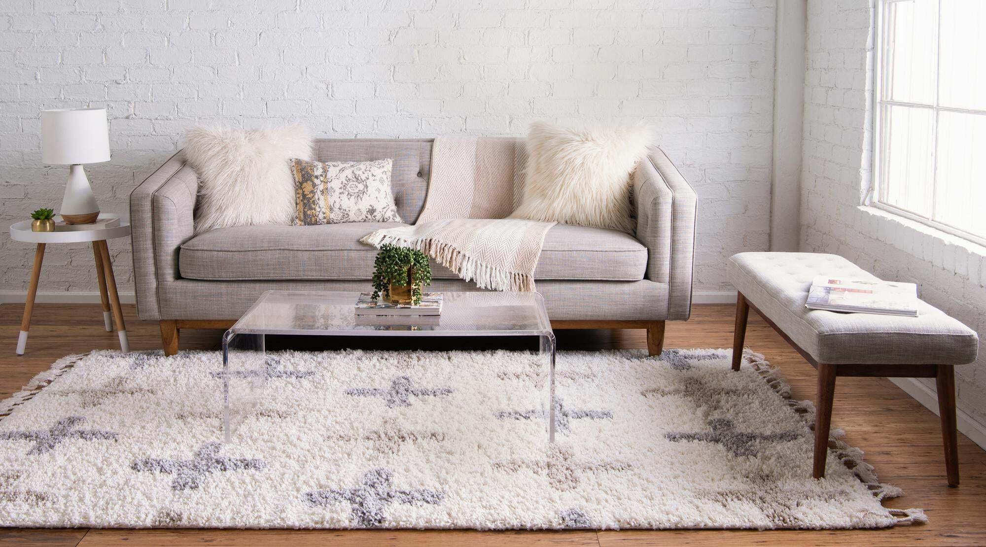 Unique Loom Indoor Rugs - Hygge Shag Geometric Rectangular 9x12 Rug Ivory & Tan