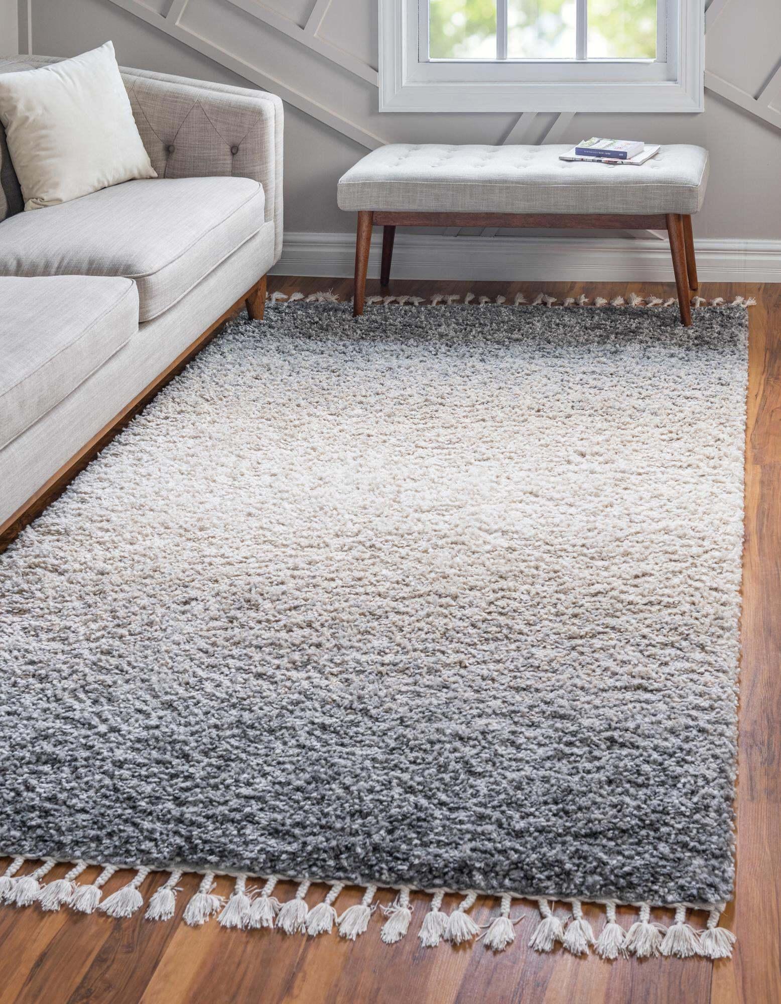 Unique Loom Indoor Rugs - Hygge Shag Gradient Rectangular 9x12 Rug Gray & Ivory