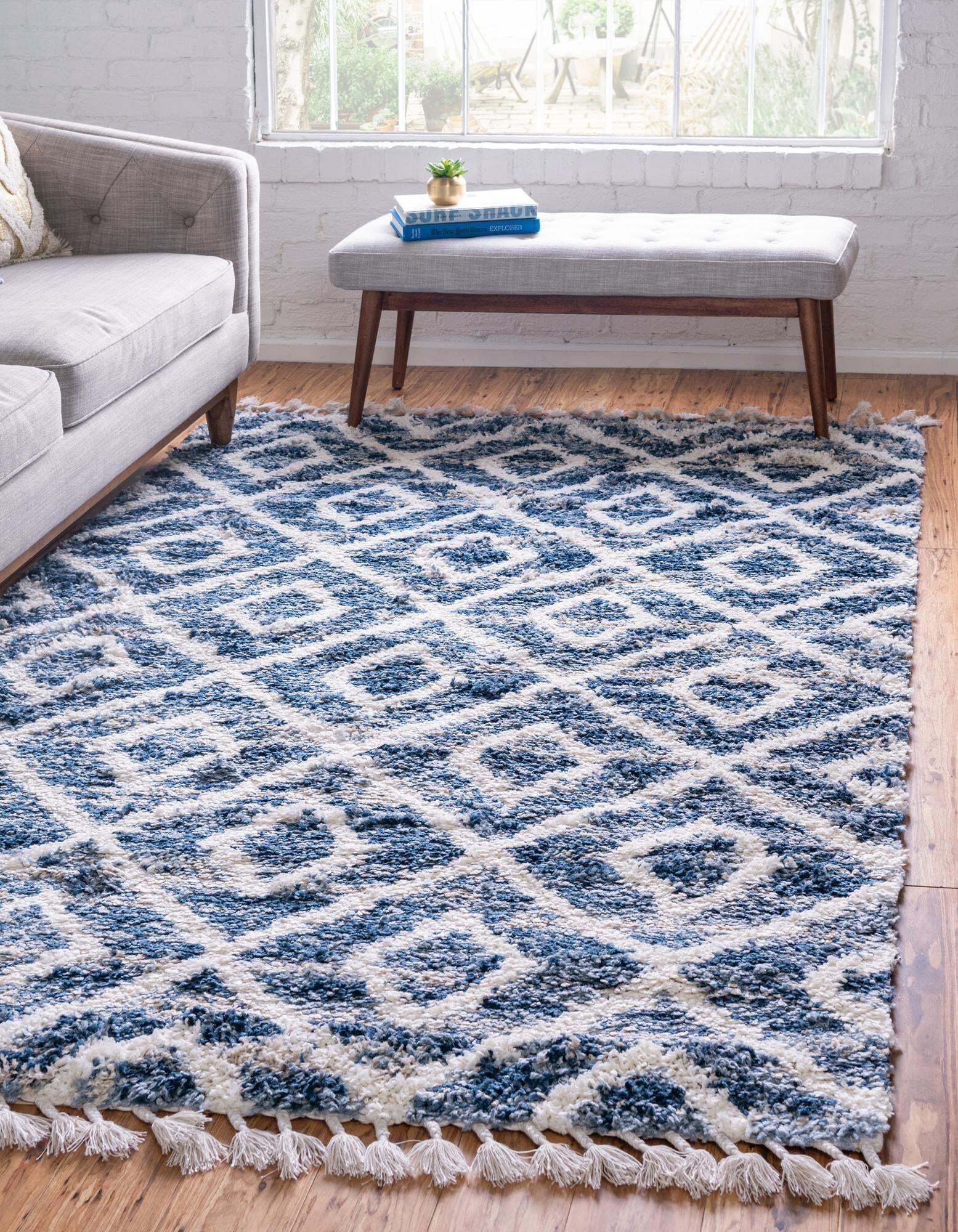 Unique Loom Indoor Rugs - Hygge Shag Rectangular 9x12 Rug Blue & Ivory