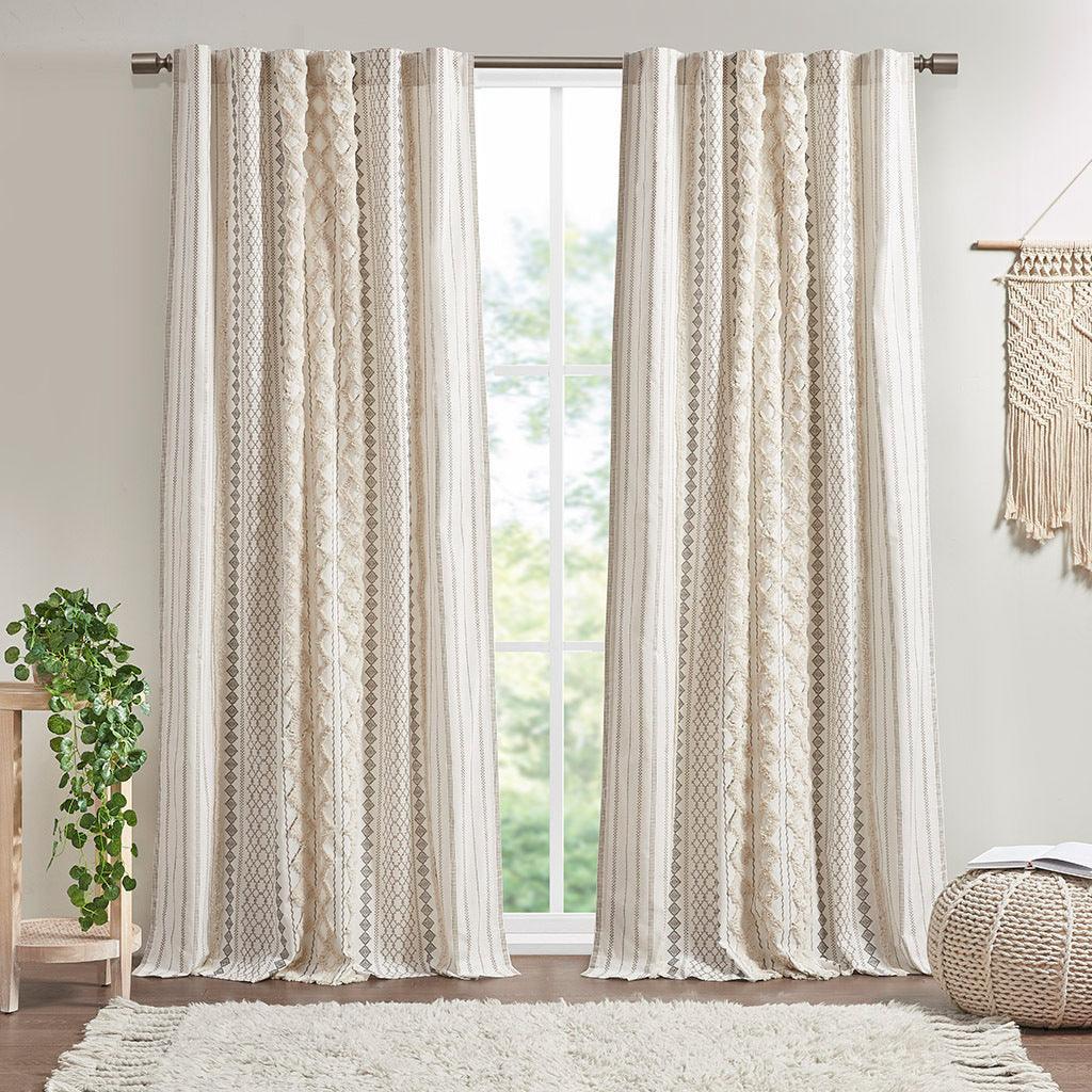 Olliix.com Curtains - Imani 84" Cotton Printed Window Panel with Chenille Stripe and Lining Ivory