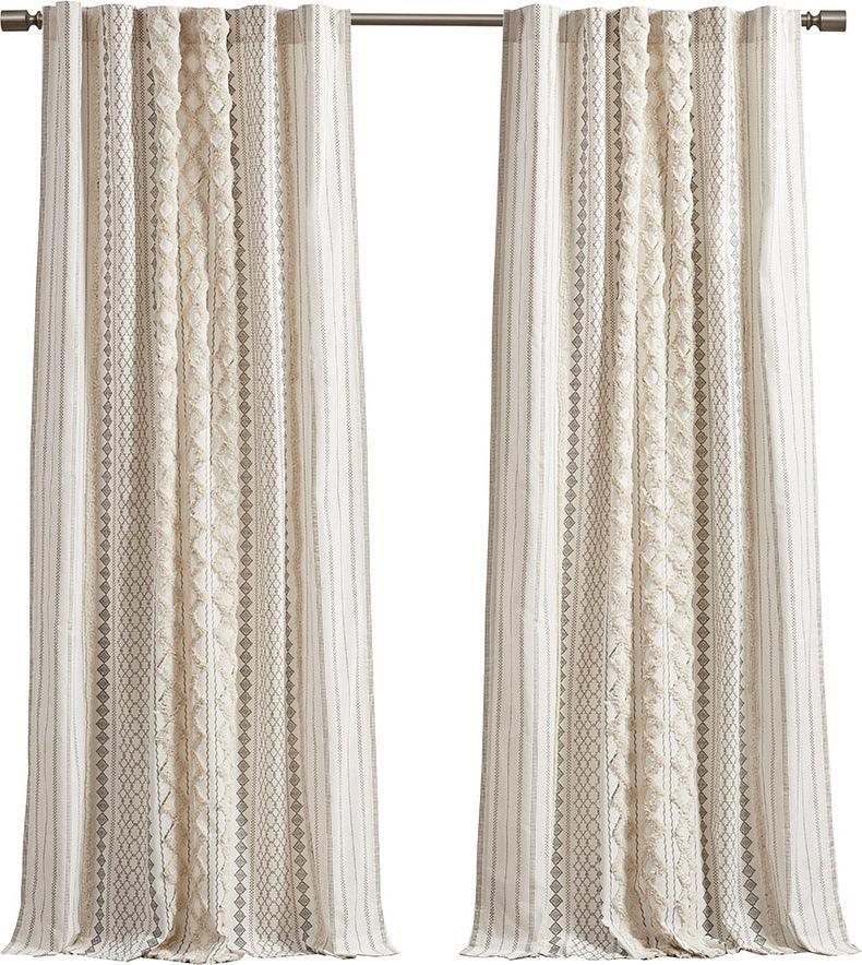 Olliix.com Curtains - Imani 84" Cotton Printed Window Panel with Chenille Stripe and Lining Ivory