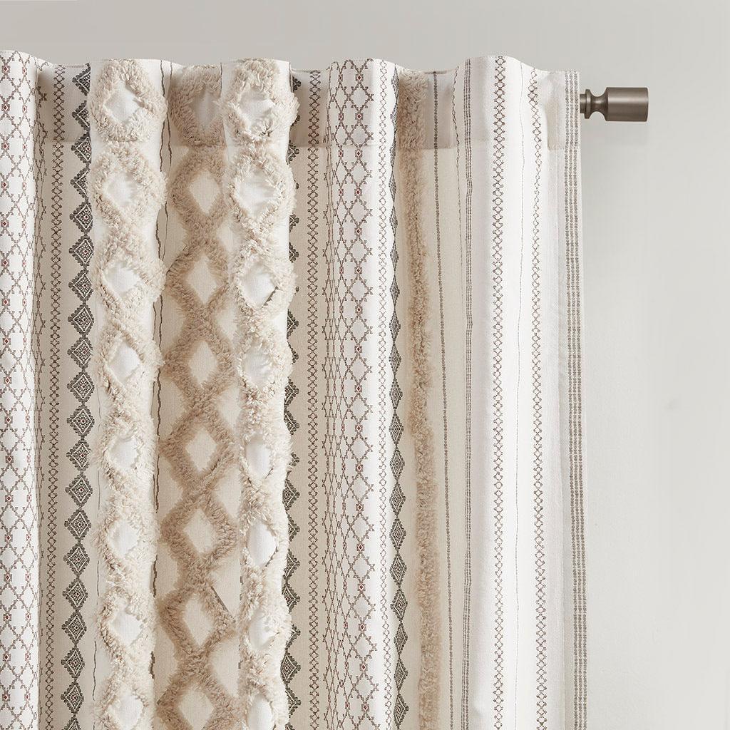 Olliix.com Curtains - Imani 84" Cotton Printed Window Panel with Chenille Stripe and Lining Ivory