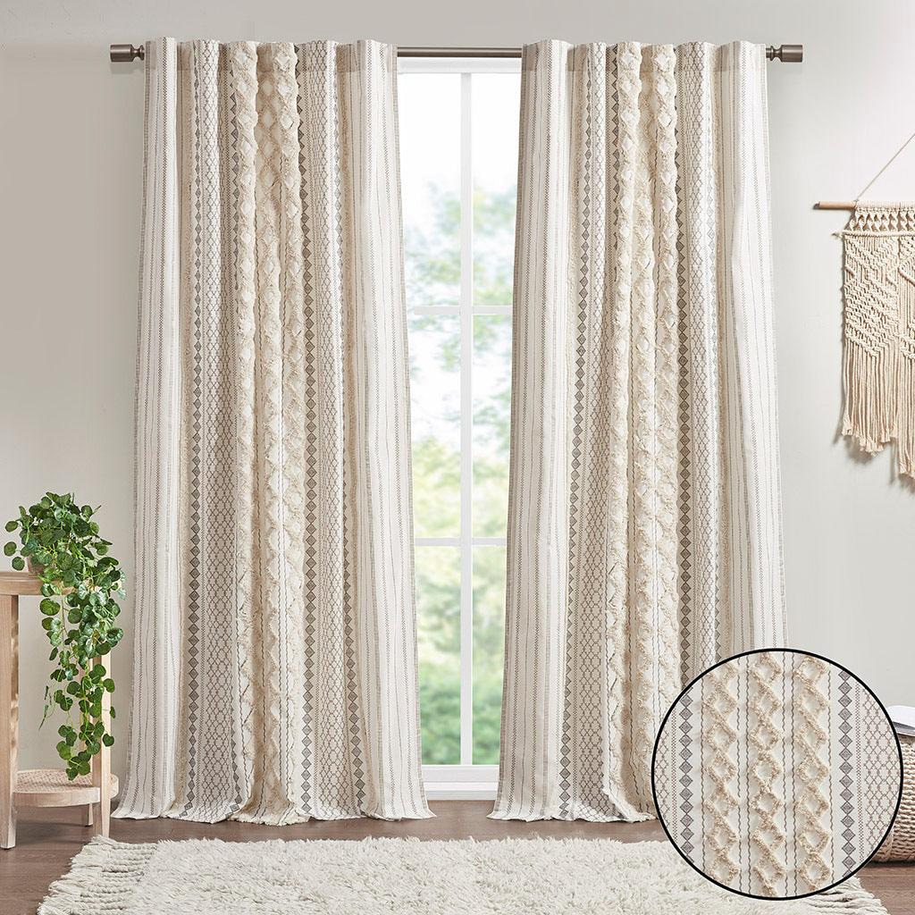 Olliix.com Curtains - Imani 84" Cotton Printed Window Panel with Chenille Stripe and Lining Ivory