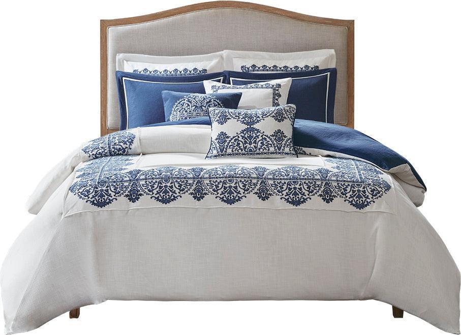 Olliix.com Comforters & Blankets - Indigo Coastal Sky Faux Linen Oversized Comforter Set Off White | Blue King