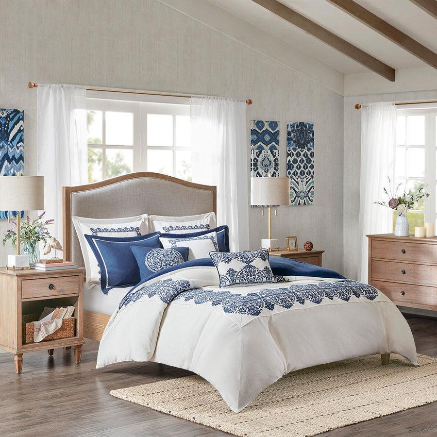 Olliix.com Comforters & Blankets - Indigo Glam Sky Faux Linen Oversized Comforter Set Off White | Blue Queen