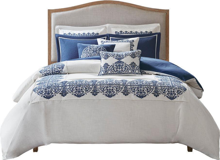 Olliix.com Comforters & Blankets - Indigo Glam Sky Faux Linen Oversized Comforter Set Off White | Blue Queen