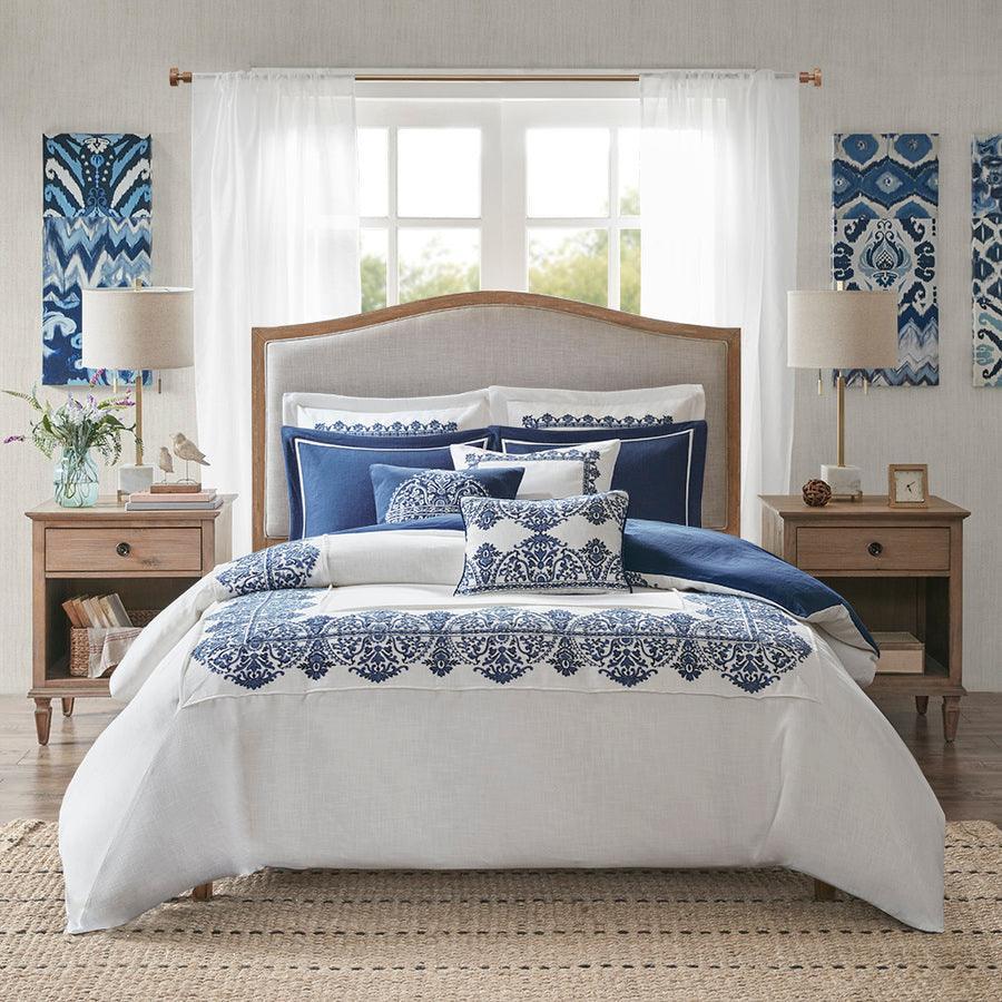Olliix.com Comforters & Blankets - Indigo Glam Sky Faux Linen Oversized Comforter Set Off White | Blue Queen