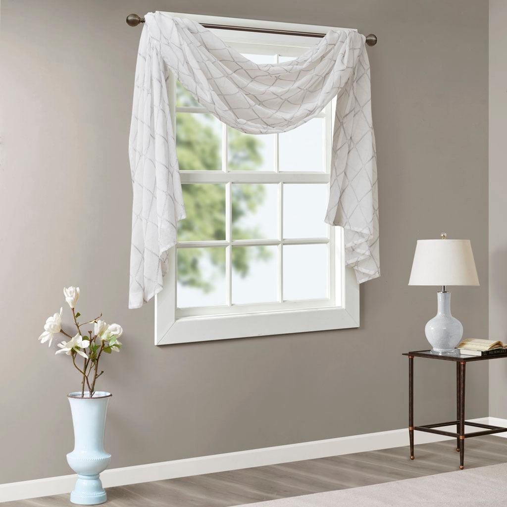 Olliix.com Curtains - Irina 144" Diamond Sheer Embroidered Window Scarf White & Gray