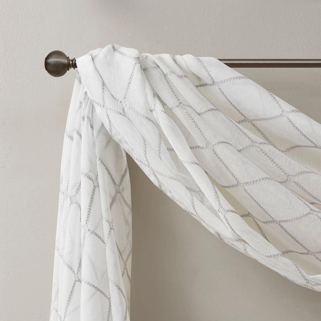 Olliix.com Curtains - Irina 216" Diamond Sheer Embroidered Window Scarf White & Gray