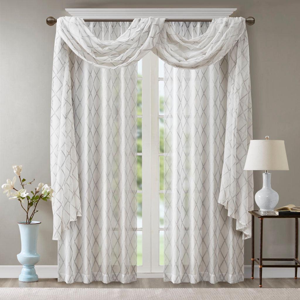 Olliix.com Curtains - Irina 216" Diamond Sheer Embroidered Window Scarf White & Gray