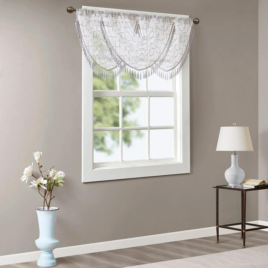 Olliix.com Curtains - Irina Diamond Sheer Embroidered Waterfall Valance White & Gray