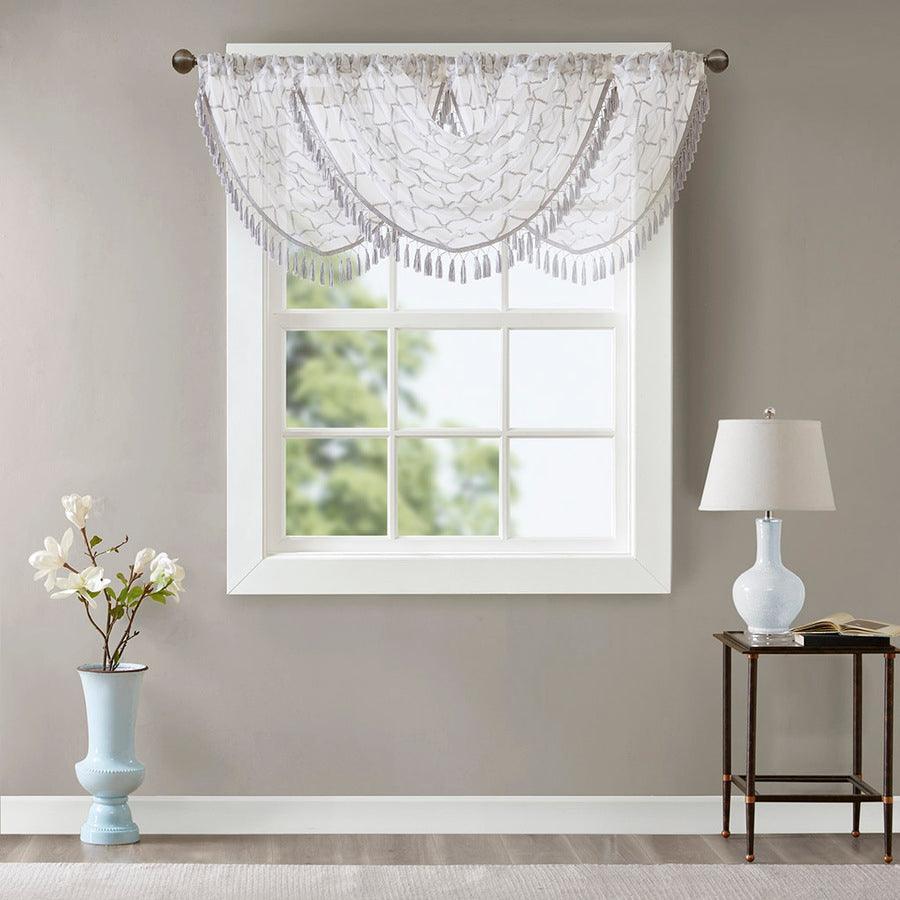 Olliix.com Curtains - Irina Diamond Sheer Embroidered Waterfall Valance White & Gray