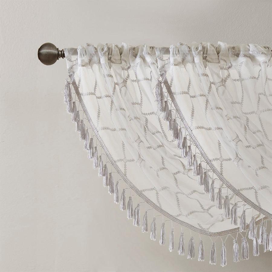 Olliix.com Curtains - Irina Diamond Sheer Embroidered Waterfall Valance White & Gray