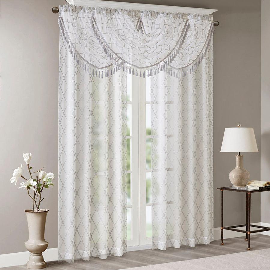 Olliix.com Curtains - Irina Diamond Sheer Embroidered Waterfall Valance White & Gray