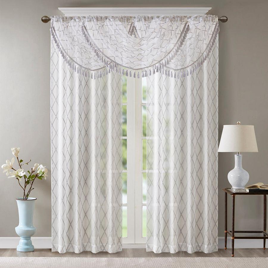 Olliix.com Curtains - Irina Diamond Sheer Embroidered Waterfall Valance White & Gray