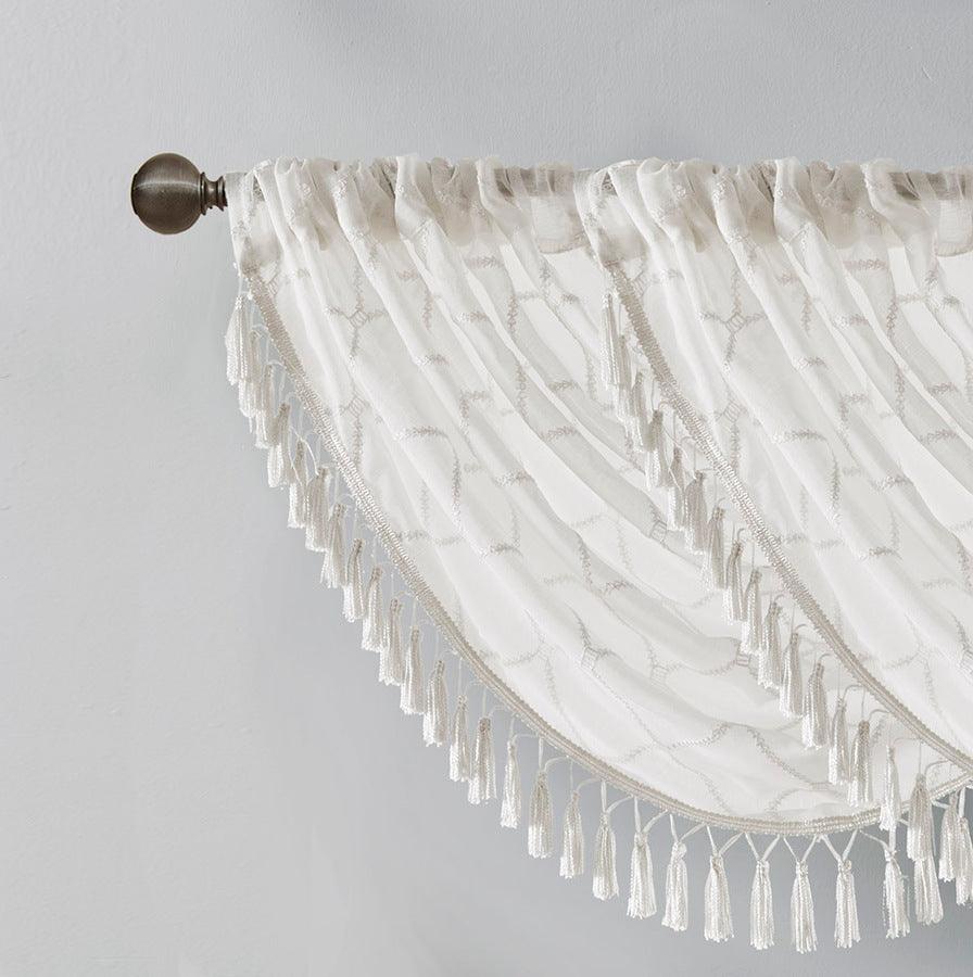 Olliix.com Curtains - Irina Diamond Sheer Embroidered Waterfall Valance White