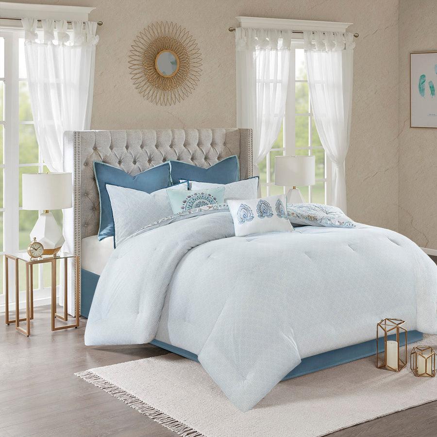 Olliix.com Comforters & Blankets - Isla 20 " D 8 Piece Cotton Printed Reversible Comforter Set Blue King