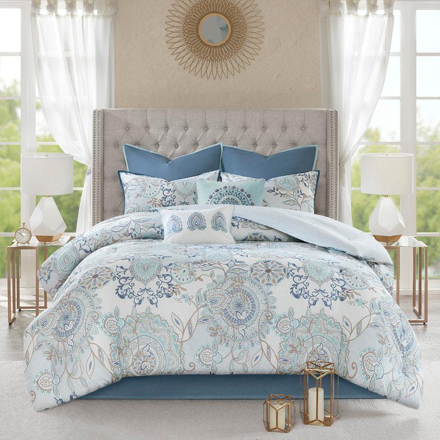 Olliix.com Comforters & Blankets - Isla 20 " D 8 Piece Cotton Printed Reversible Comforter Set Blue King