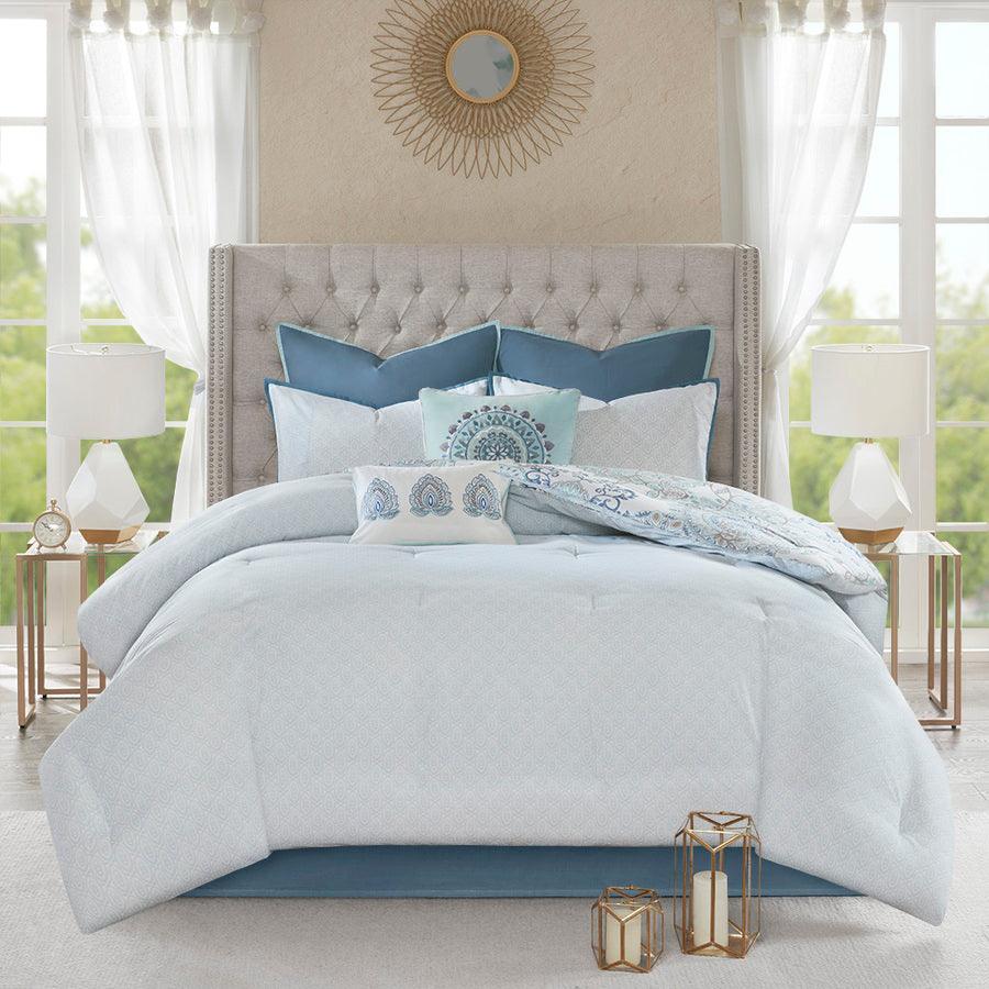 Olliix.com Comforters & Blankets - Isla 20 " D 8 Piece Cotton Printed Reversible Comforter Set Blue King