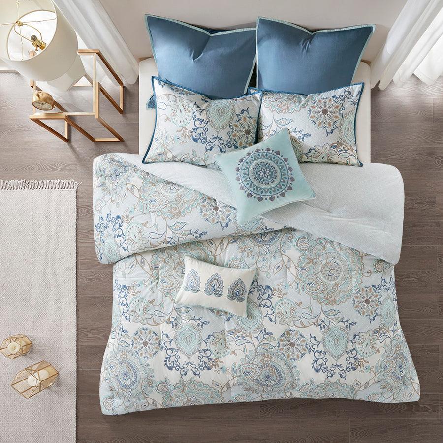 Olliix.com Comforters & Blankets - Isla 20 " D 8 Piece Cotton Printed Reversible Comforter Set Blue King