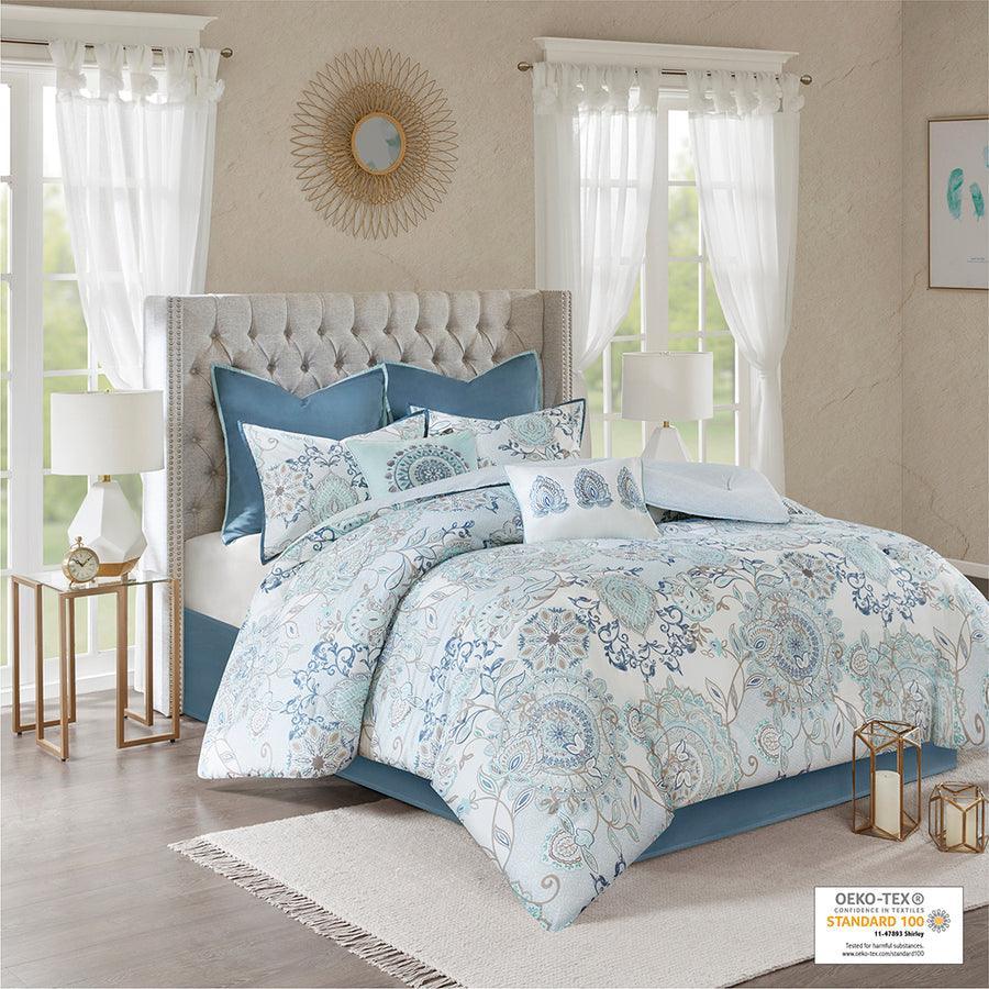 Olliix.com Comforters & Blankets - Isla 8 Piece Cotton 26 " W Printed Reversible Comforter Set Blue Queen