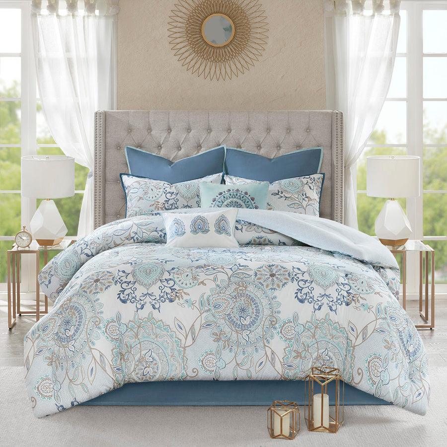 Olliix.com Comforters & Blankets - Isla 8 Piece Cotton 26 " W Printed Reversible Comforter Set Blue Queen
