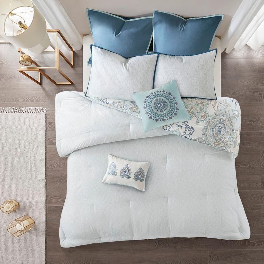 Olliix.com Comforters & Blankets - Isla 8 Piece Cotton Printed Reversible Comforter Set Blue Cal King