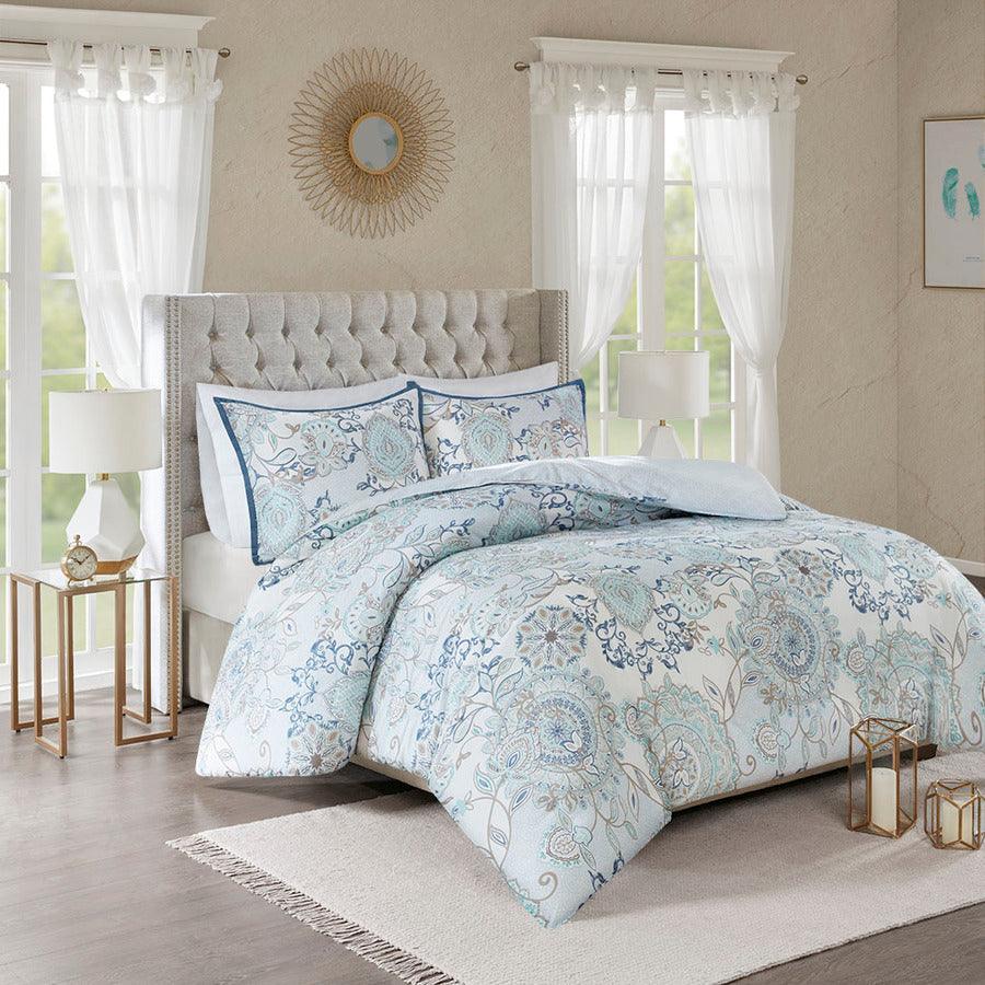 Olliix.com Duvet & Duvet Sets - Isla Global Inspired 3 Piece Cotton Printed Reversible Duvet Cover Set Full/Queen Blue