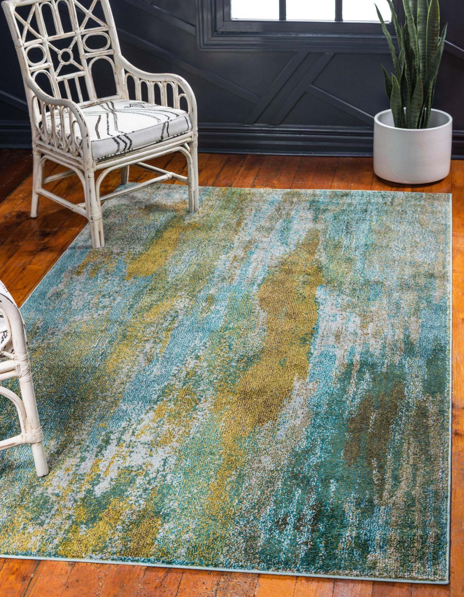 Unique Loom Indoor Rugs - Jardin Abstract Rectangular 8x10 Rug Turquoise & Gray
